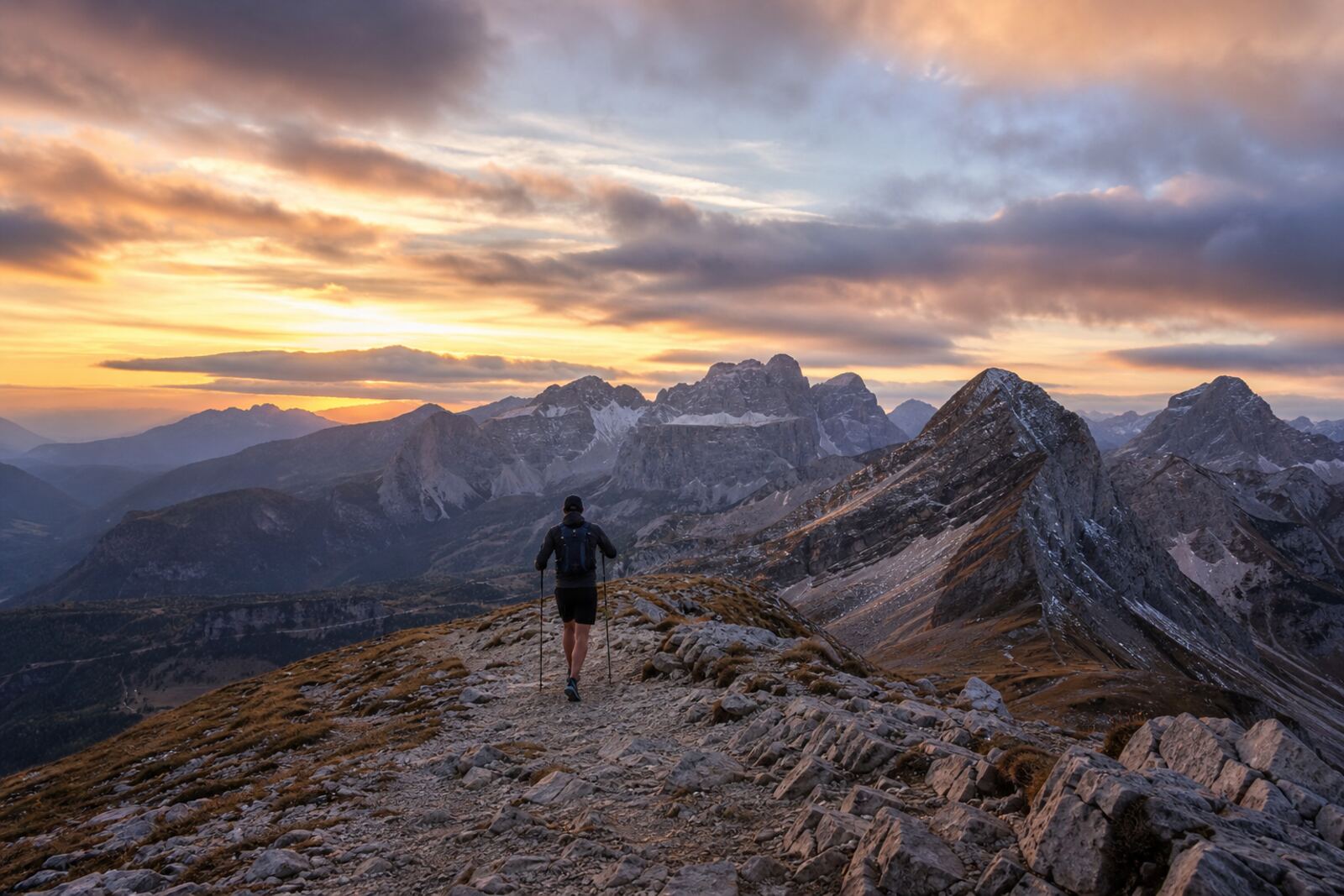 Trail-Läufer auf einem Gratweg vor Bergpanorama im Abendlicht.