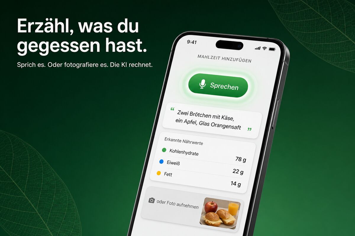 Mahlzeit per Spracheingabe loggen – KI erkennt Makros automatisch.